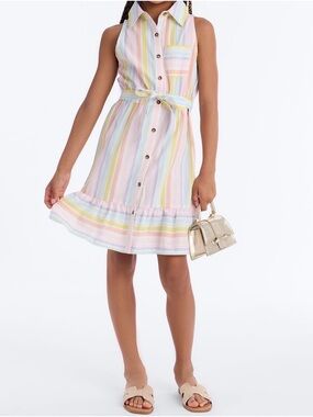 Fashion Nova Girls' Pastel Multi-Striped Tie-Waist Shirt Dress